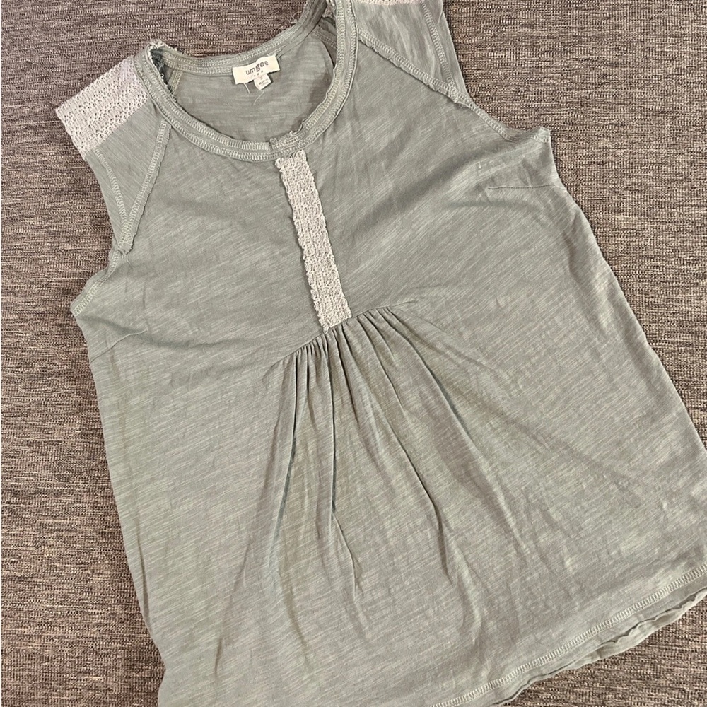 Umgee Women’s Sage Green Tank Top Slub Knit Raw Edge Hem Lace Baby Doll Sz S